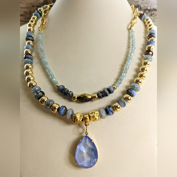 Light Blue Glass Beads In Two Strand Necklace - Picture 5 of 8